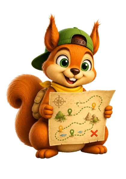 Mascotte Blaakie het eekhoorntje met een speurkaart